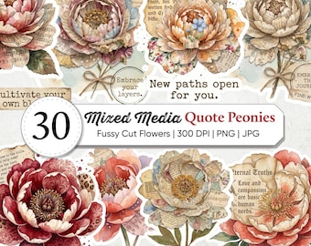 Vintage Mixed Media Peony Clipart PNG Bundle | Inspirational Quote Stickers | Faith Bible Inspired Ephemera | Junk Journal & Scrapbooking