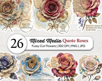 Vintage Mixed Media Rose Clipart PNG | Christian Rose Quote Stickers | Bible Verse Floral Ephemera | Faith Inspired Junk Journal Art Set