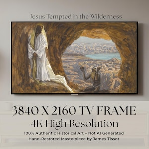 Puede incluir: Una obra de arte enmarcada titulada "Jesús tentado en el desierto" de James Tissot. La pintura representa dos figuras en una cueva con un paisaje de fondo. El marco es un marco de TV 3840 x 2160 con alta resolución 4K.