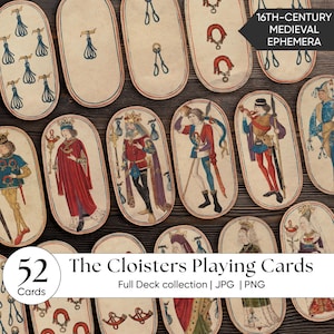 May include: A collection of 52 antique playing cards from The Cloisters, featuring medieval illustrations. The cards have a cream background with red borders and depict figures in period clothing. The text "16th-Century Medieval Ephemera" is also visible.