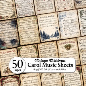Op de afbeelding: Een verzameling van 50 vintage kerstliederen-muziekbladen met verouderde papiertexturen, muzieknotatie en feestelijke illustraties zoals hulst, klokken en winterlandschappen. De tekst bevat titels zoals Silent Night, The First Noel en Jingle Bells.