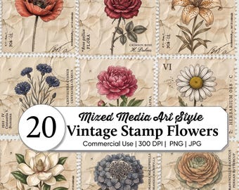 Vintage Flower Stamp Collage| Mixed Media Botanical Floral Postage | Garden Ephemera Collection | Junk Journal Printables | Digital Download