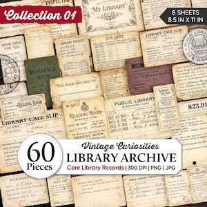 Könnte beinhalten: Eine Sammlung von 60 Bibliothek-Ephemera-Blättern im Vintage-Stil, darunter Exlibris, Leihscheine, Benutzerausweise und Lesesaaltickets. Die Papiere weisen gealterte, cremefarbene Texturen auf und messen 21,6 cm mal 27,9 cm.