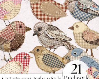 ミックスメディアの鳥のパッチワーククリップアートPNG | コテージコアのギンガムチェックの鳥 | ヴィンテージジャンクジャーナルのエフェメラ | シャビーシックな鳥小屋のコラージュセット-1