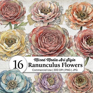 May include: A collection of 16 mixed media style ranunculus flower illustrations in various colors, including red, pink, yellow, and blue. The flowers have a vintage aesthetic with paper textures. The image includes the text "Mixed Media Art Style Ranunculus Flowers".