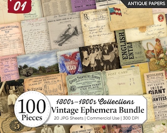 Vintage Ephemera Paper Bundle | Antique Paper Scraps & Old Photos | 1800s–1900s Collection | Junk Journal Printables | Digital Download