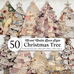 Op de afbeelding: Een collectie van 50 digitale mixed media kerstboomafbeeldingen met gelaagd vintage papier, kant, stofresten, bloemenillustraties en de tekst 50 Mixed Media Lace Style Christmas Tree Commercial Use 300 DPI PNG JPG Set 2.