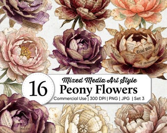 Mixed Media Peony Clipart, Botanical PNG, Vintage Floral Ephemera, Junk Journal Scrapbooking, Shabby Chic Crafts, Antique Floral Set 3