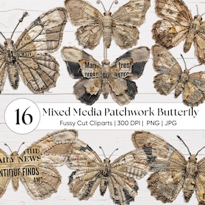 Puede incluir: Una colección de 16 imágenes prediseñadas de mariposas patchwork de técnica mixta. Las mariposas están hechas de periódicos y tela vintage, con texto y patrones en tonos beige, marrón y negro. La imagen incluye el texto "Mixed Media Patchwork Butterfly".