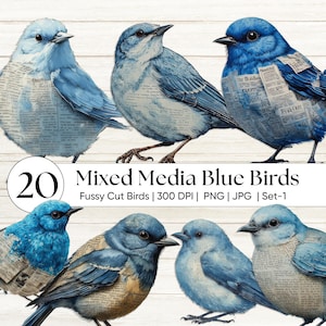 Puede incluir: Una colección de ilustraciones de pájaros azules de técnica mixta. Los pájaros están en varias poses, con plumas azules y blancas, algunas con texturas de periódico. La imagen incluye el texto "20 Mixed Media Blue Birds".