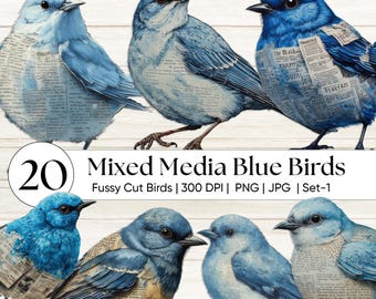 ミックスメディアの青い鳥のクリップアートPNG、ヴィンテージの鳥のジャンクジャーナルエフェメラ、ファジーカットの植物の鳥、ダメージ加工の鳴き鳥、シャビーシックなクラフトアート