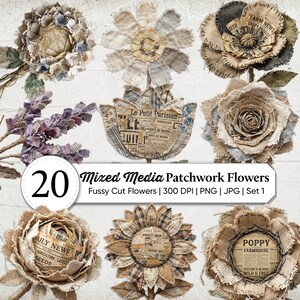 Clipart de flores em patchwork com técnica mista | PNG floral rústico shabby chic para casa de campo | Efêmeros para colagem vintage | Imprimíveis para scrapbook e diário de sucata