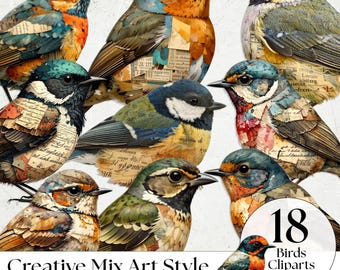 Mixed Media Bird Fussy Cut Clipart Bundle | Vintage Watercolor Bird PNG Ephemera | Grunge Texture Junk Journal & Scrapbooking Supplies Set-7