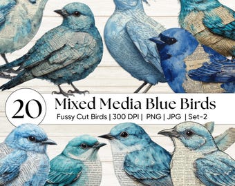 ミックスメディアの青い鳥のクリップアートPNG、ヴィンテージの鳥のジャンクジャーナルエフェメラ、ファジーカットの植物の鳥、ダメージ加工の鳴き鳥、シャビーシッククラフトセット-2