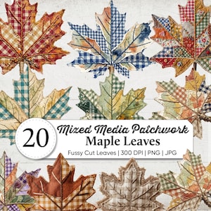 Peut inclure: Une collection de 20 feuilles d'érable patchwork en techniques mixtes, aux couleurs et motifs variés, dont le rouge, le bleu et le vert. Les feuilles sont disposées sur un fond blanc. Le texte sur l'image indique "Mixed Media Patchwork Maple Leaves".