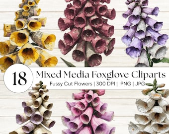 Mixed Media Fingerhut Fussy Schnitt Clipart PNG - Beunruhigte Blumen Ephemera - Junk Journal Digital Kit - Vintage Botanische Blumen Grunge Garten