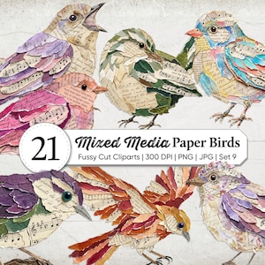 May include: A collection of mixed media paper birds created from layered vintage sheet music and book pages. The birds feature various colors including purple, pink, green, blue, and orange. Text overlay reads: 21 Mixed Media Paper Birds Fussy Cut Cliparts | 300 DPI | PNG | JPG | Set 9.