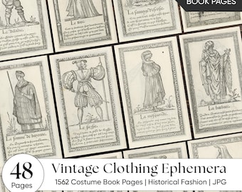 Vintage Clothing Junk Journal Ephemera - 1562 Kostümbuch Seiten, Historische Mode Gravuren, Renaissance Clipart, Dark Academia Bundle