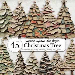 May include: A collection of 45 Christmas tree illustrations in a mixed media art style, featuring layered paper textures with vintage script, musical notes, and muted green and red accents, each topped with a gold star, labeled Mixed Media Art Style.