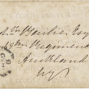 May include: An antique off-white envelope featuring handwritten cursive ink script, a circular black postmark dated JA 25 1859, and a blue New Zealand postage stamp in the top right corner with the text Two Pence and New Zealand.
