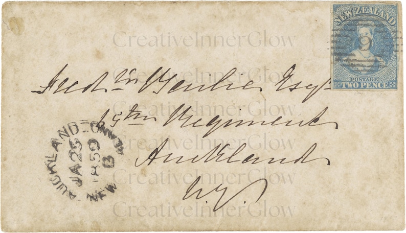 May include: An antique off-white envelope featuring handwritten cursive ink script, a circular black postmark dated JA 25 1859, and a blue New Zealand postage stamp in the top right corner with the text Two Pence and New Zealand.