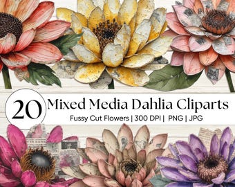 Mixed-Media Dahlie Fussy Schnitt Clipart PNG, beunruhigte Blumen Ephemera, Junk Journal Digital Kit, Vintage botanische Blumen, Grunge Blume