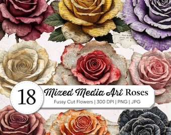 Mixed Media Rose Fussy Cut PNG - Vintage Distressed Floral Clipart - Antik Rose Ephemera Junk Journals & Scrapbooking - Grunge Shabby Chic