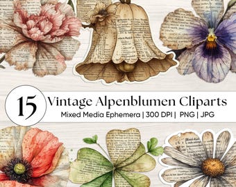 Clipart vintage Alpenblumen, technique mixte Edelweiss & Enzian, Christliche Berglust Grafik, Ephemera Deutsch, Illustration Botanik, Alpenrose
