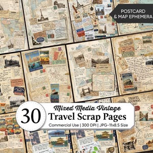Mixed Media Travel Scrap Pages Bundle | Vintage Travel Journal Papers | Postcard & Map Wanderlust Ephemera | Junk Journal Printables Pages
