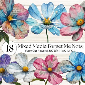 Peut inclure: Illustrations florales à l'aquarelle de myosotis dans des tons de bleu, rose et violet. Les pétales des fleurs ont un aspect texturé, avec des motifs de texte visibles. L'image comprend le texte "18 Mixed Media Forget Me Nots".