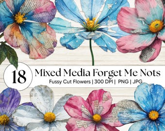 Mixed Media Vergissmeinnicht Blumen | Vintage Clipart Kunst |  Floral Junk Journal Kit | Antike Garten Ephemera | Erinnerung Geschenk Art