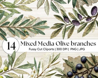 Mixed Media Oliven Blätter Clipart, Botanische PNG, Vintage Blumen Ephemera, Junk Journal Scrapbooking, Shabby Chic Crafts Antike Bibel Floral