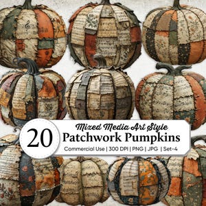 Op de afbeelding: Een collectie digitale patchwork pompoenen met mixed media ontwerpen van vintage bladmuziek, bloemenpatronen en gestructureerde stofsegmenten in oranje, groene en crèmetinten. De tekst luidt 20 Mixed Media Art Style Patchwork Pumpkins.