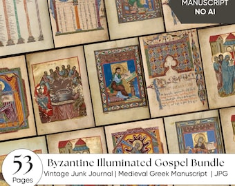 Éphémères pour journaux indésirables | Lot de manuscrits d'évangile enluminés | Art chrétien byzantin grec ancien | Pages imprimables de la Bible médiévale