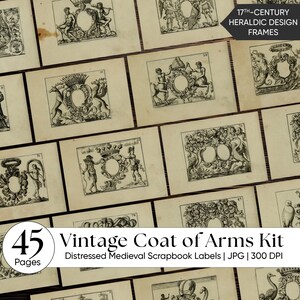 Vintage Coat of Arms Junk Journal Kit – Heraldry Ephemera Pack, Antique Baroque Frames, Fussy Cut Labels, Distressed Medieval Scrapbook Arts