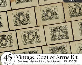 Vintage Wappen Junk Journal Kit - Heraldik Ephemera Pack, Antike Barocke Rahmen, Fussy Cut Etiketten, Distressed Mittelalterliche Scrapbook Kunst