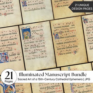 Puede incluir: Una colección de 21 páginas de diseño únicas de un paquete de manuscritos iluminados. Las páginas presentan texto manuscrito, notación musical e ilustraciones coloridas, mostrando arte sagrado de una catedral del siglo XV.