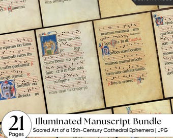 Kit de journal indésirable manuscrit enluminé médiéval | Chant grégorien du XVe siècle | Ephémères de versets de la Bible en latin | Lot imprimable