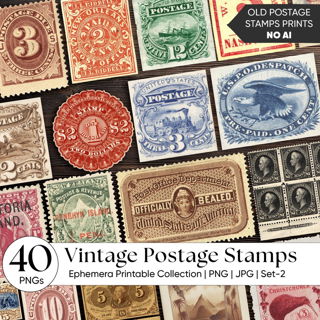 Vintage Postage Stamps Ephemera Printable – Antique Stamp Clipart PNG ...