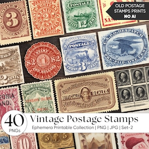 May include: A collection of 40 vintage postage stamps in various colors, including red, blue, green, and brown. The stamps feature diverse designs, such as portraits, ships, and historical scenes. The text "Vintage Postage Stamps" is displayed.