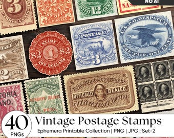 Vintage Postage Stamps Ephemera Printable – Antique Stamp Clipart PNG, Junk Journal Collage Sheets, Digital Scrapbook Paper Pack – Set-2
