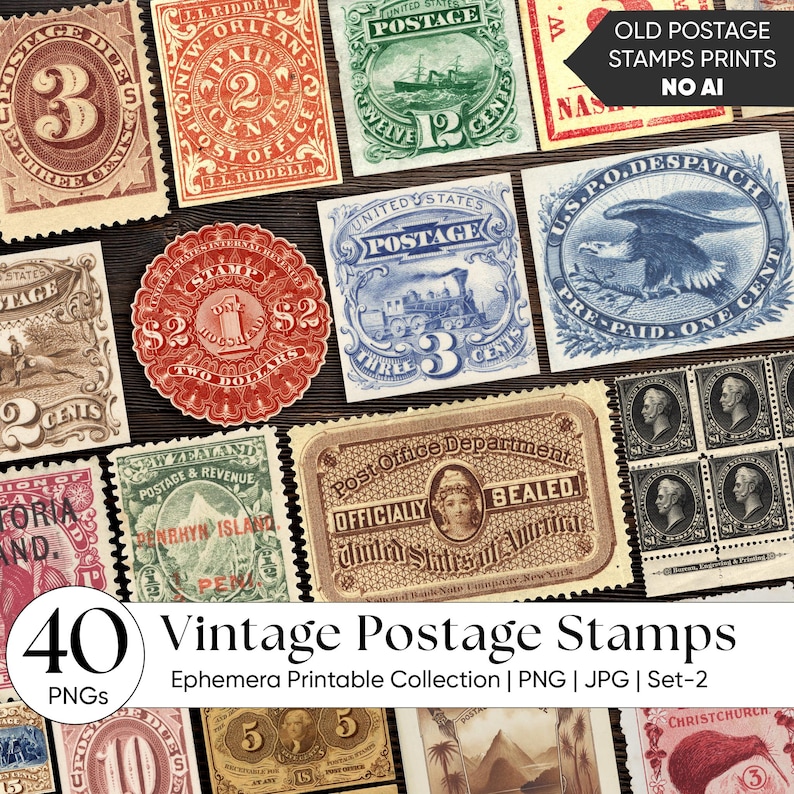 Vintage Postage Stamps Ephemera Printable – Antique Stamp Clipart PNG ...