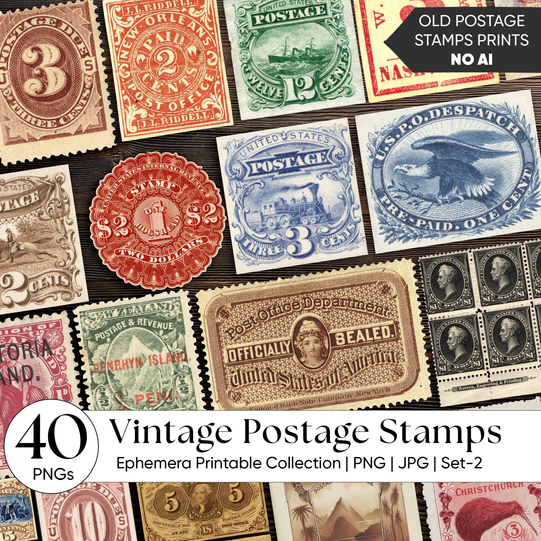 Vintage Postage Stamps Ephemera Printable – Antique Stamp Clipart PNG ...