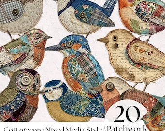 ミックスメディアの鳥のパッチワーククリップアートPNG | コテージコアのギンガムチェックの鳥 | ヴィンテージジャンクジャーナルのエフェメラ | シャビーシックな鳥小屋のコラージュセット-2