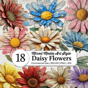 Può includere: Una collezione di 18 fiori di margherita a tecnica mista in vari colori, tra cui rosso, blu, rosa, giallo e viola. I petali sono fatti di pagine di libri e i centri sono strutturati. L'immagine include il testo "Mixed Media Art Style Daisy Flowers".