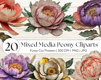 Mixed Media Pfingstrose Clipart, Botanische PNG, Vintage Blumen Ephemera, Junk Journal Scrapbooking, Shabby Chic Kunsthandwerk, Antike Bibel Pfingstrose