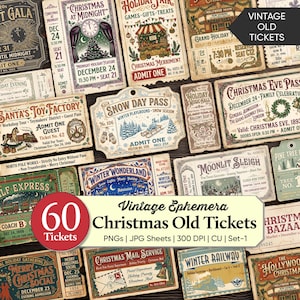 Peut inclure: Une collection de 60 billets de Noël au style vintage présentant divers motifs de fêtes, notamment Santa's Toy Factory, Snow Day Pass et Winter Wonderland. Les billets affichent des illustrations festives, une typographie décorative et des détails d'événements.