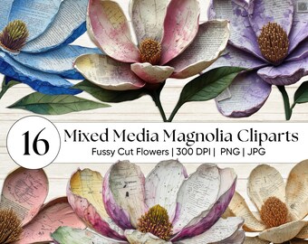 Mixed Media Magnolie Fussy Schnitt PNG - Vintage Botanische Clipart - Antike Grunge Textur Florale Ephemera Junk Journals & Scrapbooking