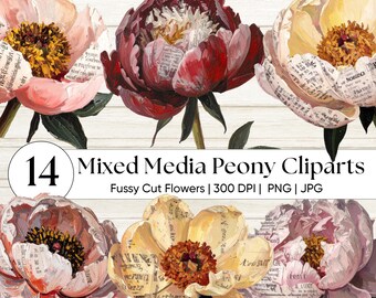 Mixed Media Pfingstrose Clipart, Vintage Botanische PNG, Blumen Ephemera, Junk Journal Scrapbooking, Shabby Chic Kunsthandwerk, Antike Papierpfingstrose