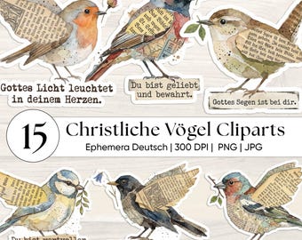 Vintage technique mixte oiseaux, clipart Christliche Vögel, autocollant Mutmacher, Bibelverse Vögel PNG, Ephemera Deutsch, Rotkehlchen Illustration